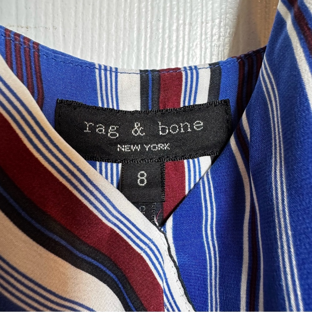 Rag & Bone Felix Silk Striped Wrap Jumpsuit Size 8 Blue Red Wide Leg Pockets - Picture 5 of 12